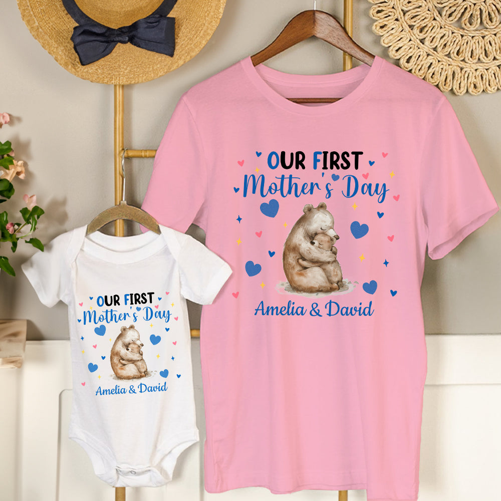 Personalizado Lindo Oso Gato Ciervo Diseño Animal 100% Algodón Camiseta Bebé Body con Nombre Nuestro Primer Día de la Madre Cumpleaños Regalo para Bebé Mamá