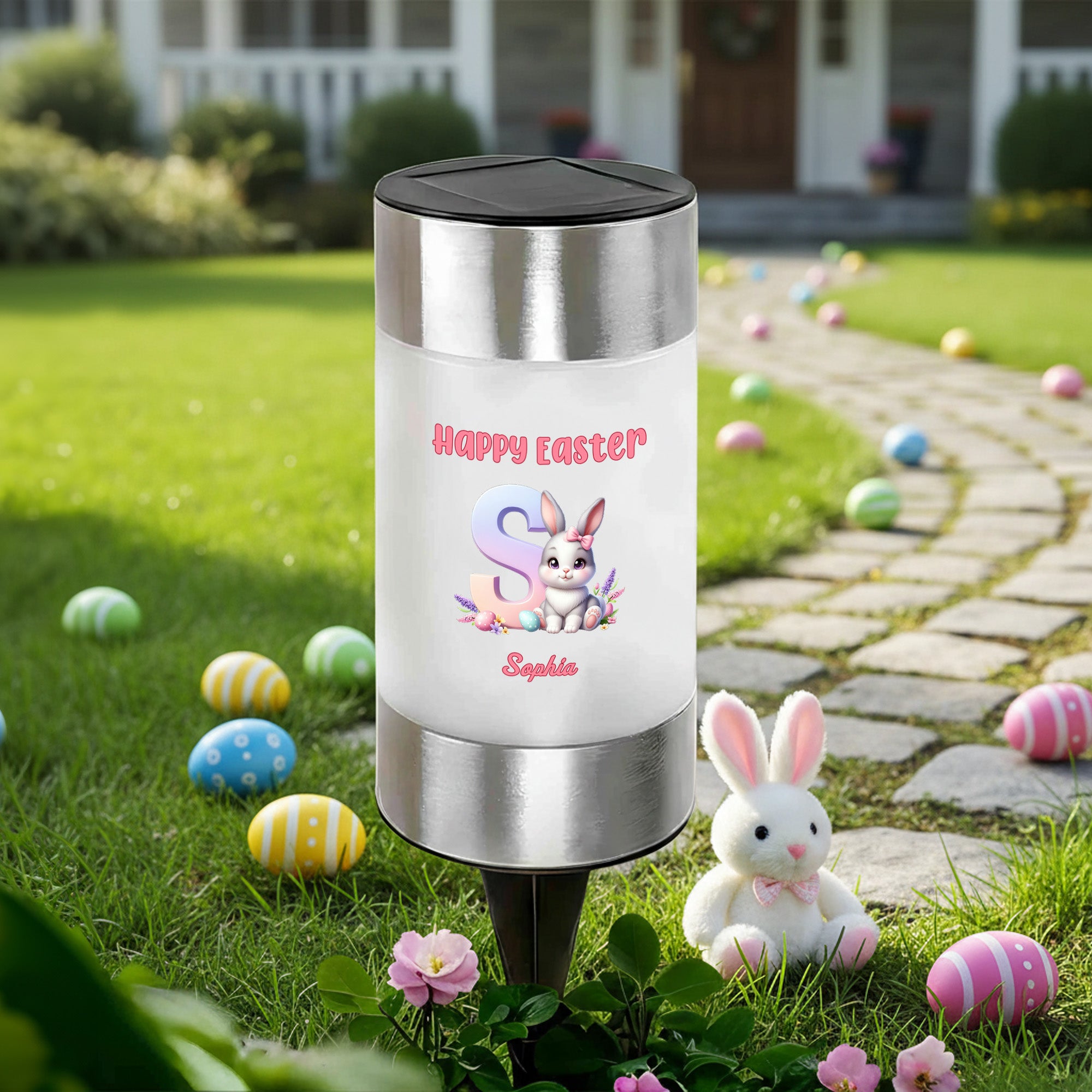 Feliz Pascua Personalizada Lindo Conejito Luz Solar Impermeable para Jardín con Nombre Decoración de Jardín Uso Diario Fiesta de Pascua Regalo para la Familia Niños