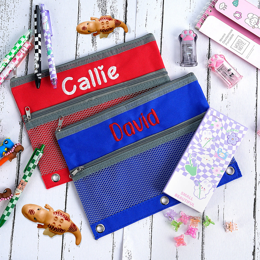 Nombre bordado personalizado Funda de tela Oxford de tres anillas para lápices Carpeta Material de escritorio Regalo de vuelta al cole para niños