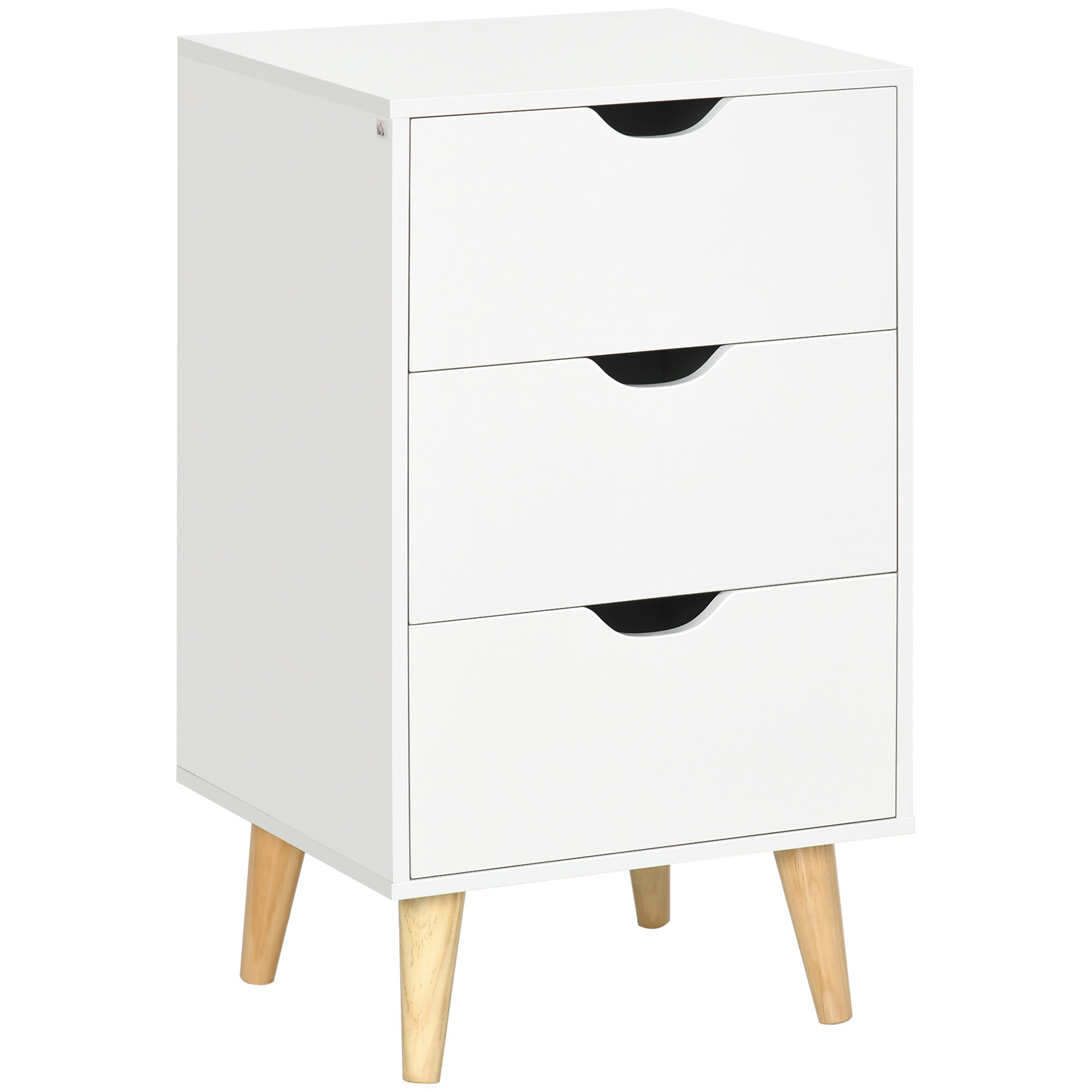 Nightstand with 3 Drawers, Side Table with Wood Legs and Cut-out Handles for Bedroom, White