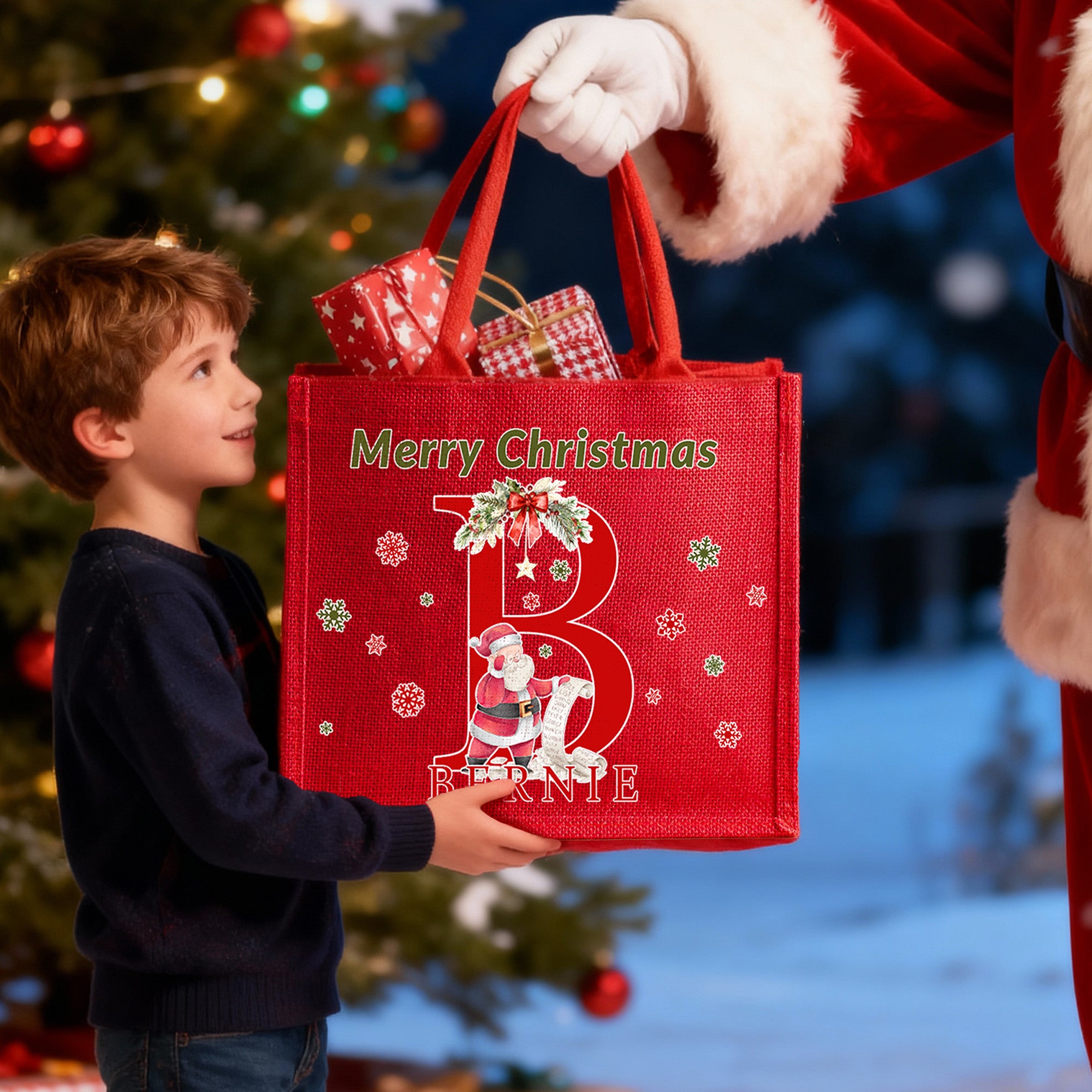 Bolsa de yute roja ecológica con nombre e inicial de Papá Noel personalizada con diseño de lista de regalos de lectura Regalo de fiesta de Navidad de uso diario para amigos de la familia