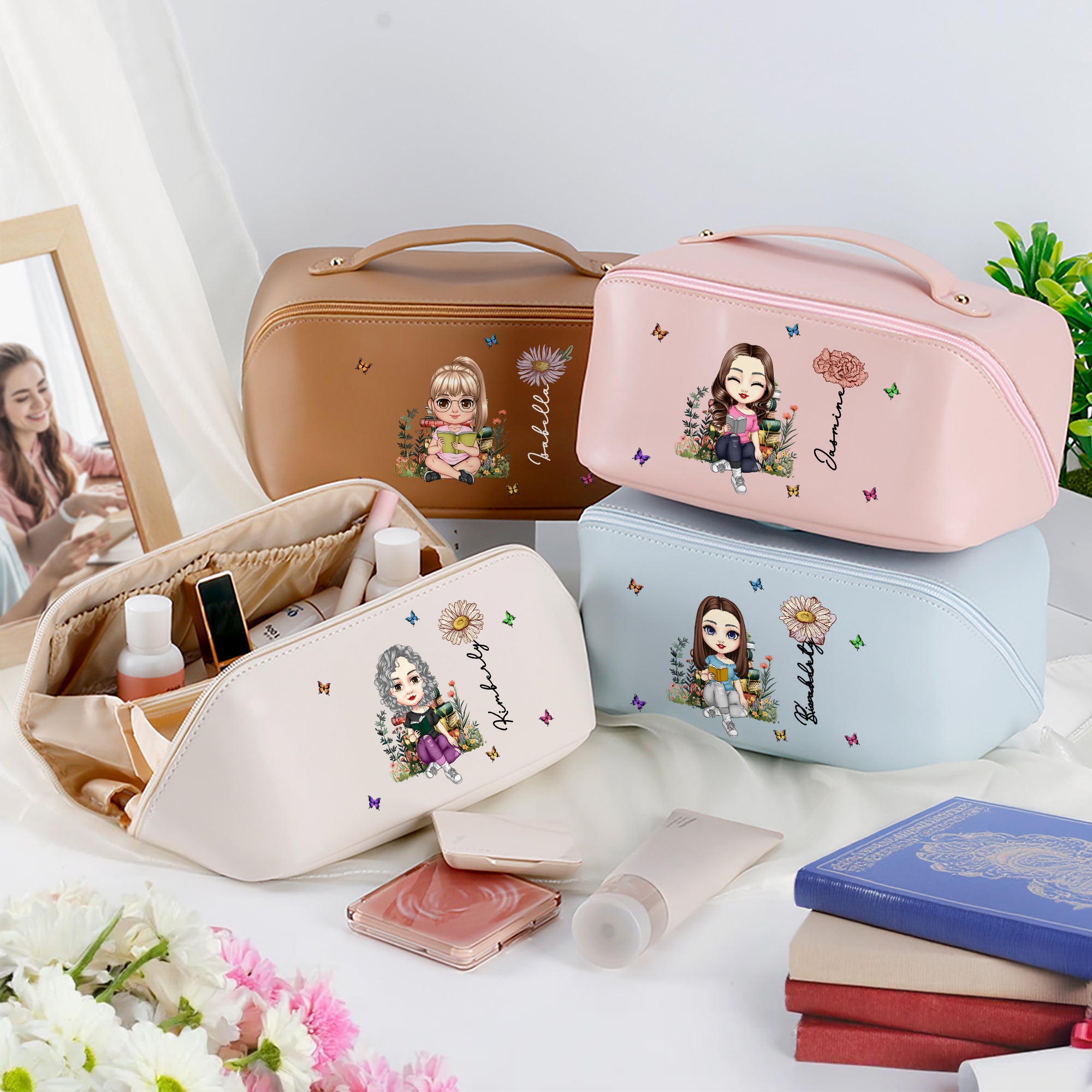 Personalizado de dibujos animados de lectura de caracteres de nacimiento de flores de gran apertura de cuero PU bolsa de maquillaje con el nombre de viaje esenciales de uso diario regalo de cumpleaños