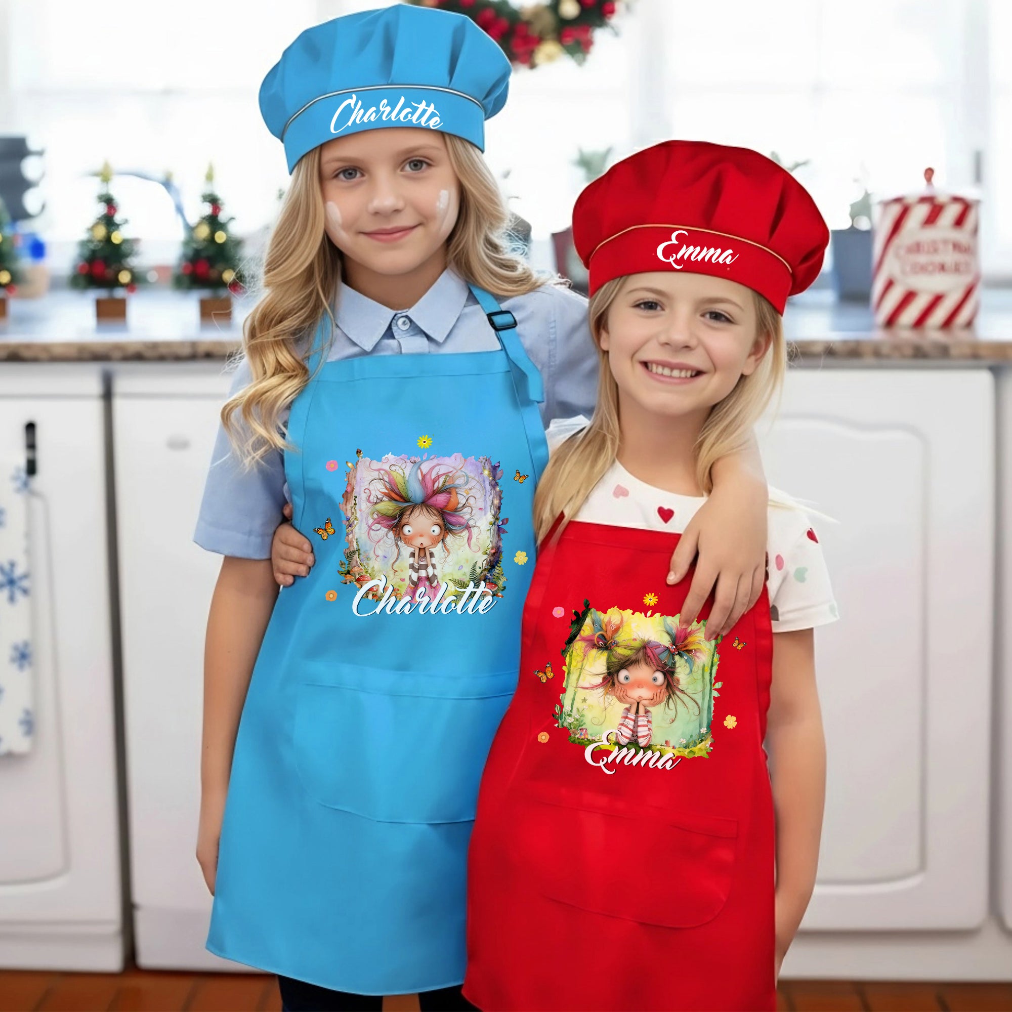 Personalizado Multicolor Cute Cartoon Quirky Girl Kid Delantal Chef Hat Set con Nombre Navidad Día del Niño Cumpleaños Regalo para Niñas