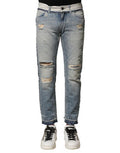 Light Blue Tattered Straight Men Denim Jeans Cotton Clothing