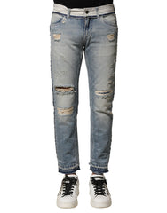 Light Blue Tattered Straight Men Denim Jeans Cotton Clothing