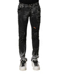 Men's Black Washed Embellished Skinny Denim Jeans Cotton Elastane Clothing