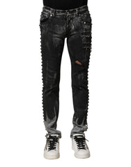 Men's Black Washed Embellished Skinny Denim Jeans Cotton Elastane Clothing
