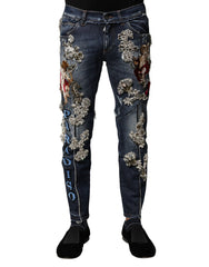 Men's Blue Cotton Rhinestone Embellish Denim Jeans Elastane Clothing