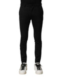 Black Wool Men Skinny Mid Waist Pants Vigin Cotton Elastane