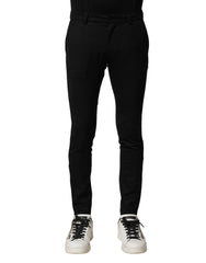 Black Wool Men Skinny Mid Waist Pants Vigin Cotton Elastane