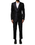 Men's Black Jacquard 3 Piece Single Breasted Suit Blue Silk