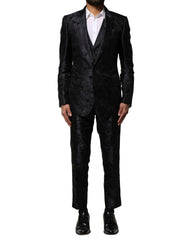 Men's Black Jacquard 3 Piece Single Breasted Suit Blue Silk