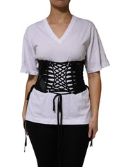 Women's Black Cotton Waist Laceup Strap Corset Belt Polyester Acetate