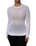 Women's White Round Neck Long Sleeves Pullover Top Viscose Polyester