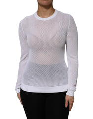 Women's White Round Neck Long Sleeves Pullover Top Viscose Polyester
