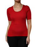 Women's Red Round Neck Short Sleeves Pullover Top Silk