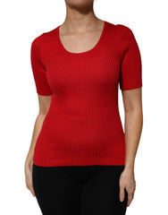 Women's Red Round Neck Short Sleeves Pullover Top Silk