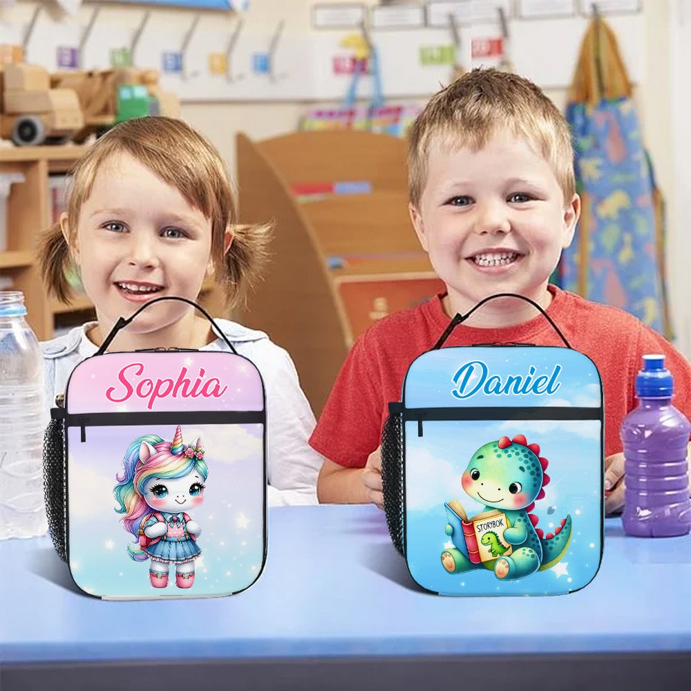 Personalizado lindo dinosaurio fantasía unicornio diseño impermeable aislante bolsa de almuerzo con nombre portátil de vuelta a la escuela de trabajo de picnic de regalo para los niños