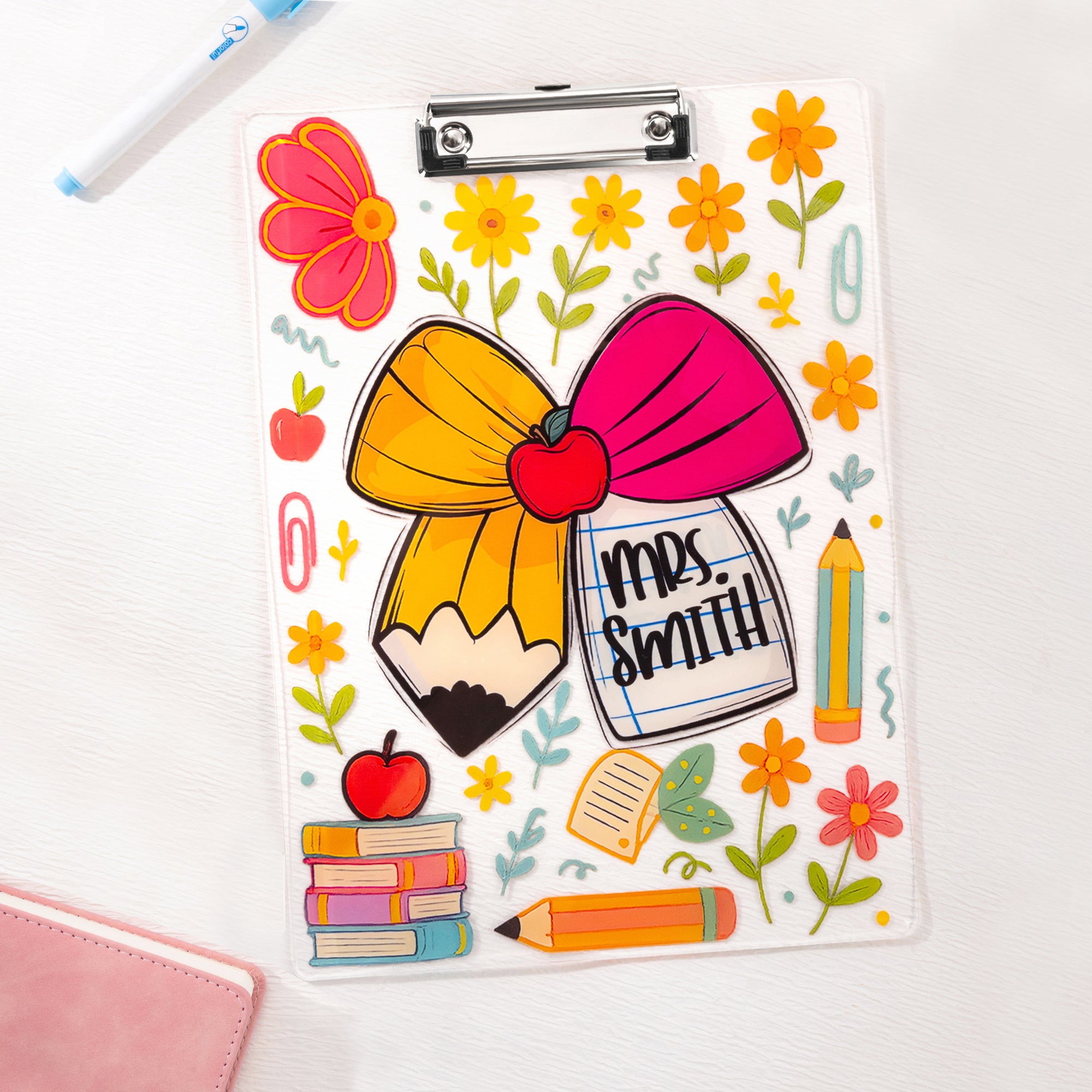 Portapapeles acrílico A4 personalizado con lazo floral y texto Material escolar Regalo de agradecimiento por la vuelta al cole para profesores