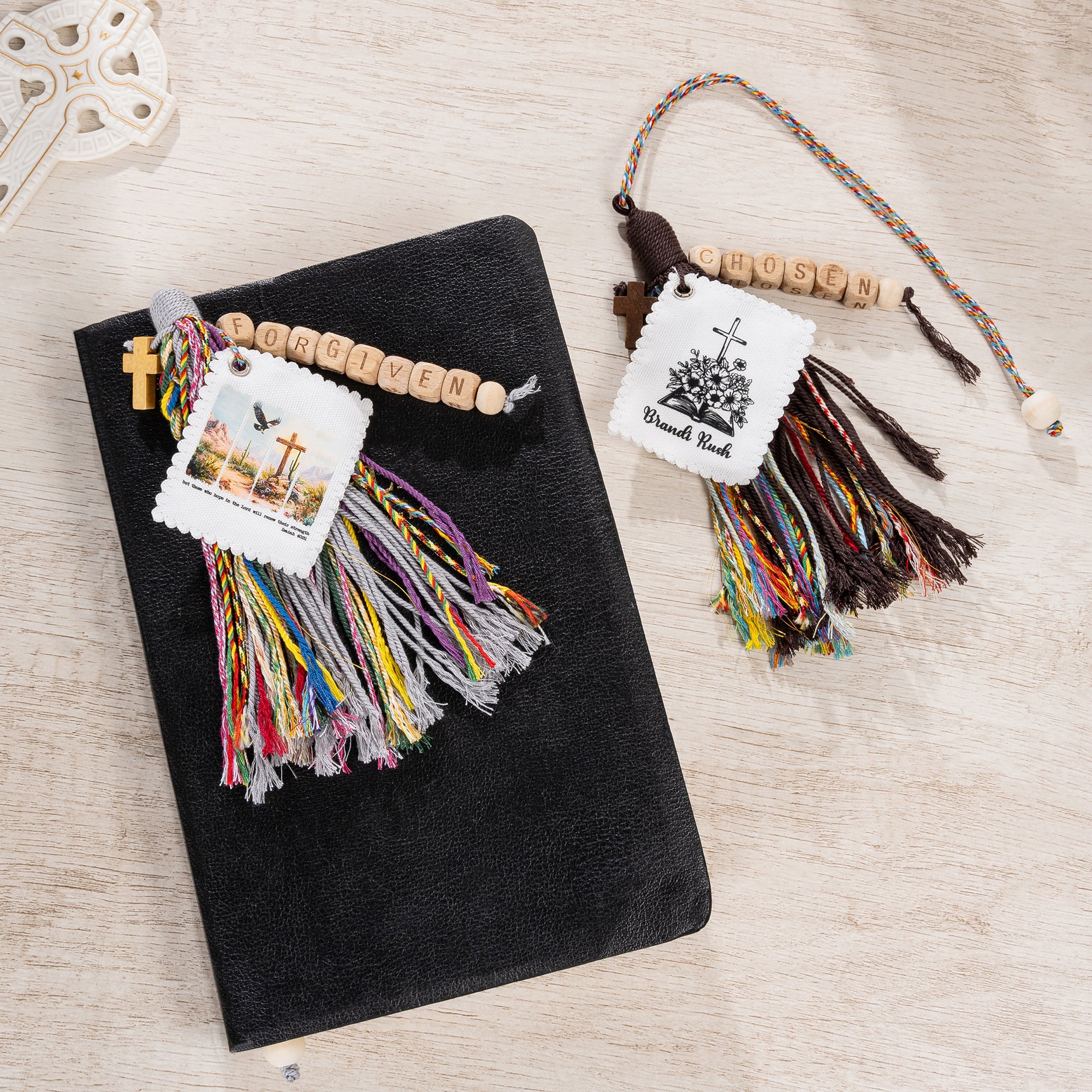 Boho personalizado NFC diario versículo de la Biblia Oración Borla con texto y cuentas Cruz Estudio de la Biblia Accesorio Bautizo Cristiano Regalo para Familia Amigos