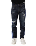 Men's Dark Blue Tattered Skinny Denim Jeans Cotton Elastane Clothing