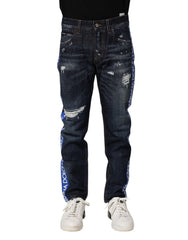 Men's Dark Blue Tattered Skinny Denim Jeans Cotton Elastane Clothing