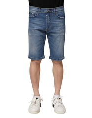 Blue Cotton Stretch Men Denim Bermuda Shorts Elastane