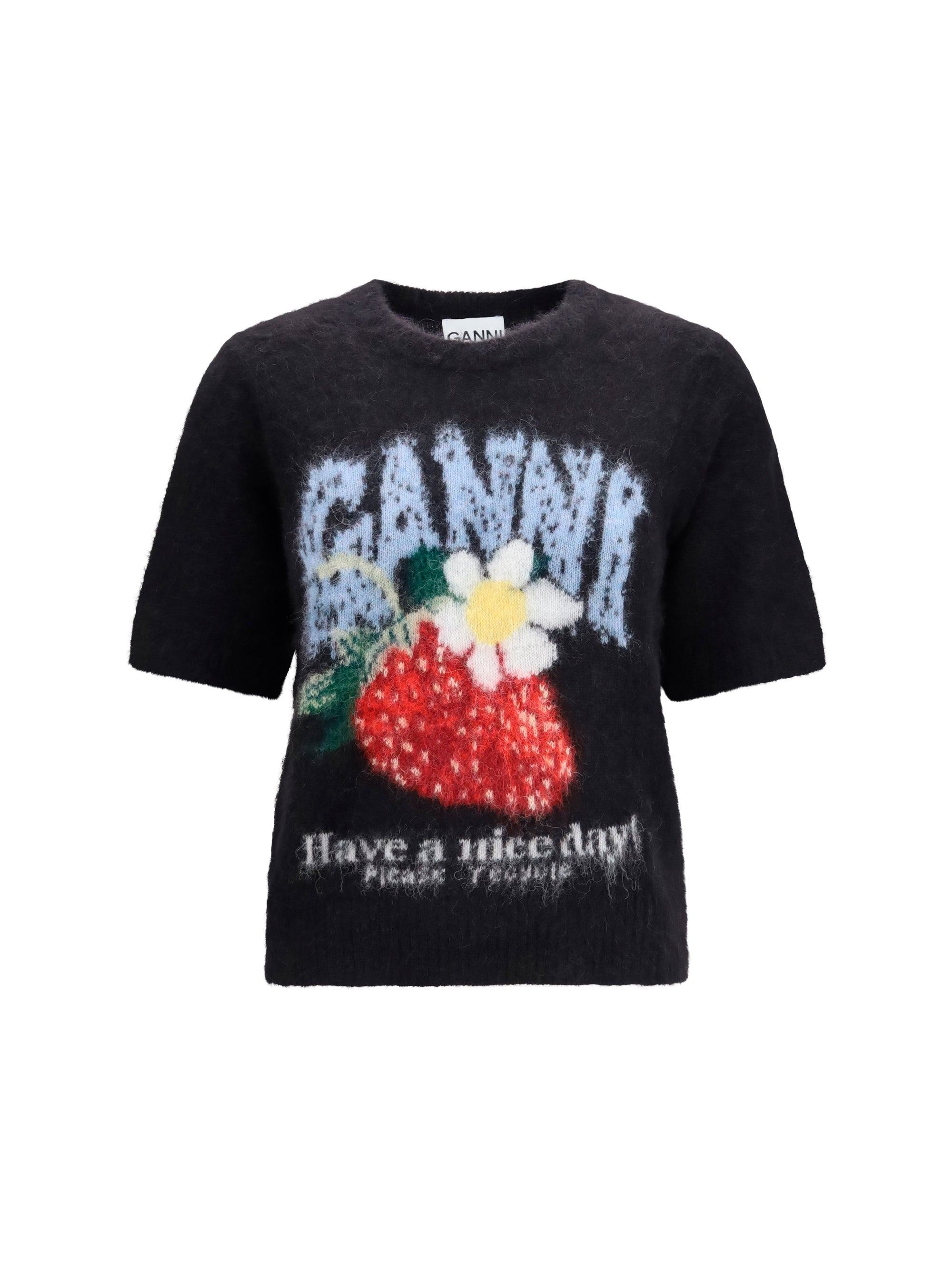 Ganni Intarsia Strawberry-Print Alpaca-Blend T-Shirt — Black