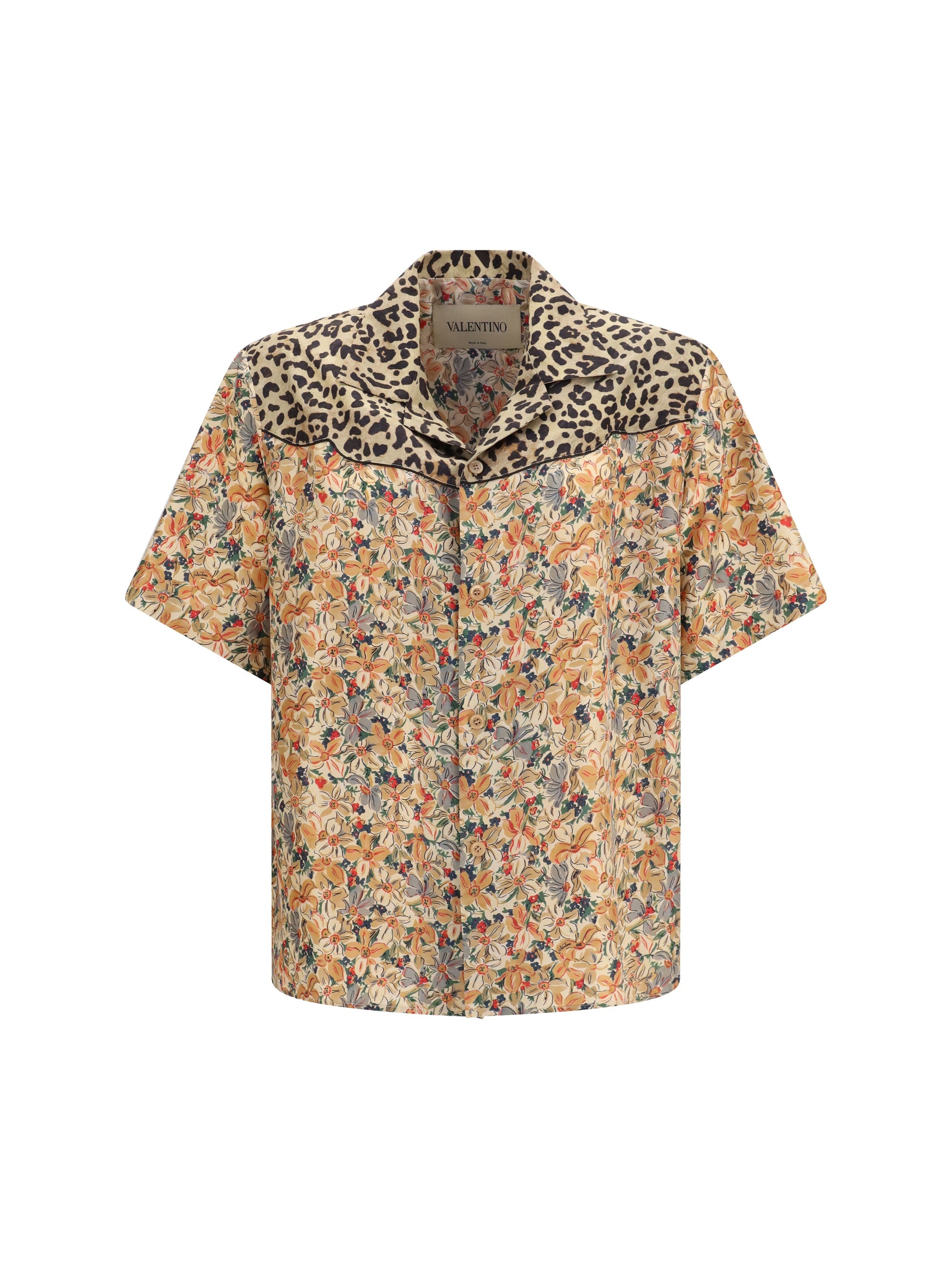 Valentino Floral and Leopard Print Silk Shirt — Multicolor