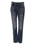 Women's Blue Cotton Tattered Boyfriend Denim Jeans Clothing