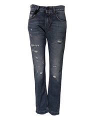 Women's Blue Cotton Tattered Boyfriend Denim Jeans Clothing
