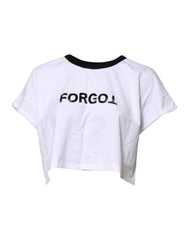 Women's White Graphic Print Crew Neck Cropped T-Shirt Cotton