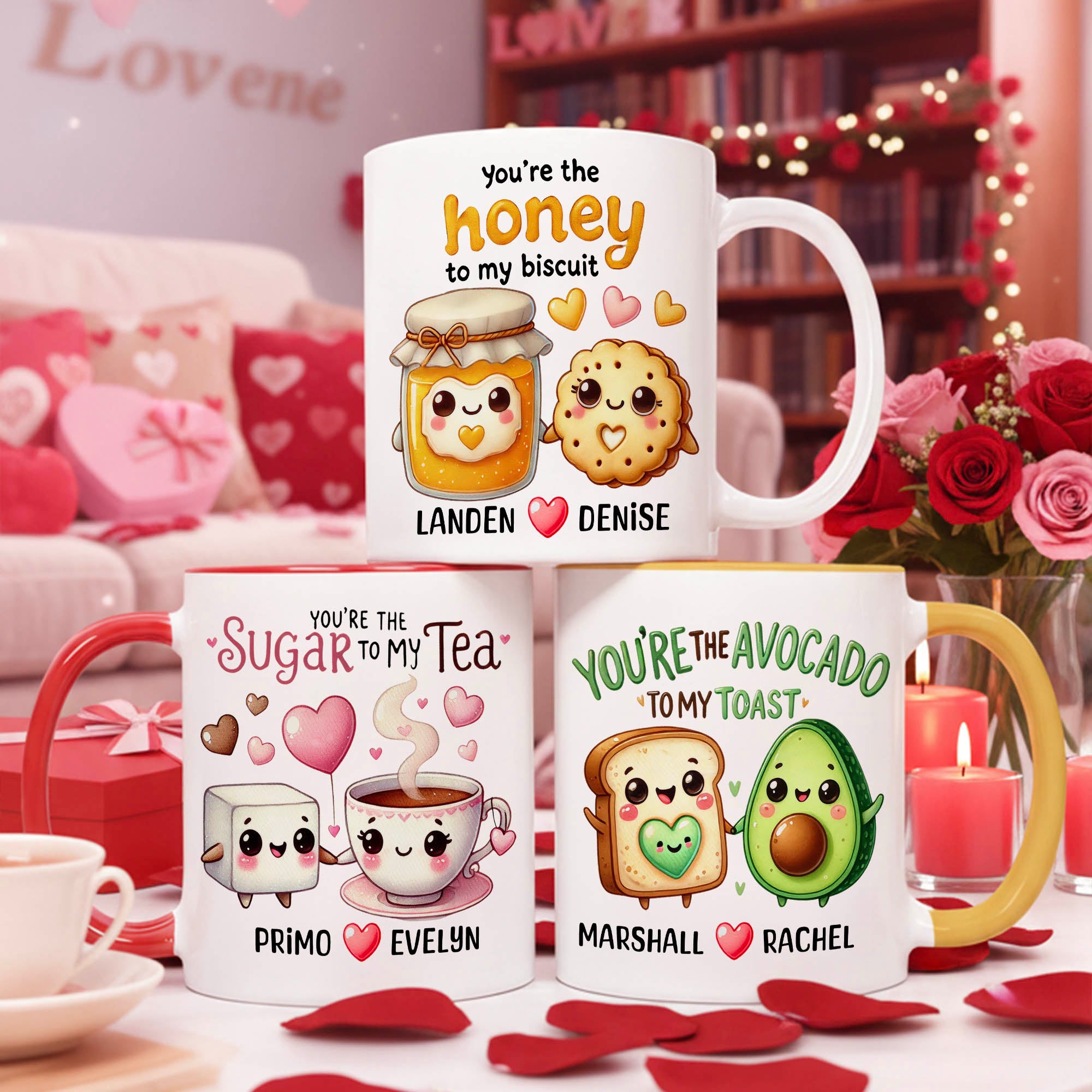 Taza de cerámica personalizada con nombre y posavasos para el día de San Valentín, regalo de cumpleaños para ella y para él.