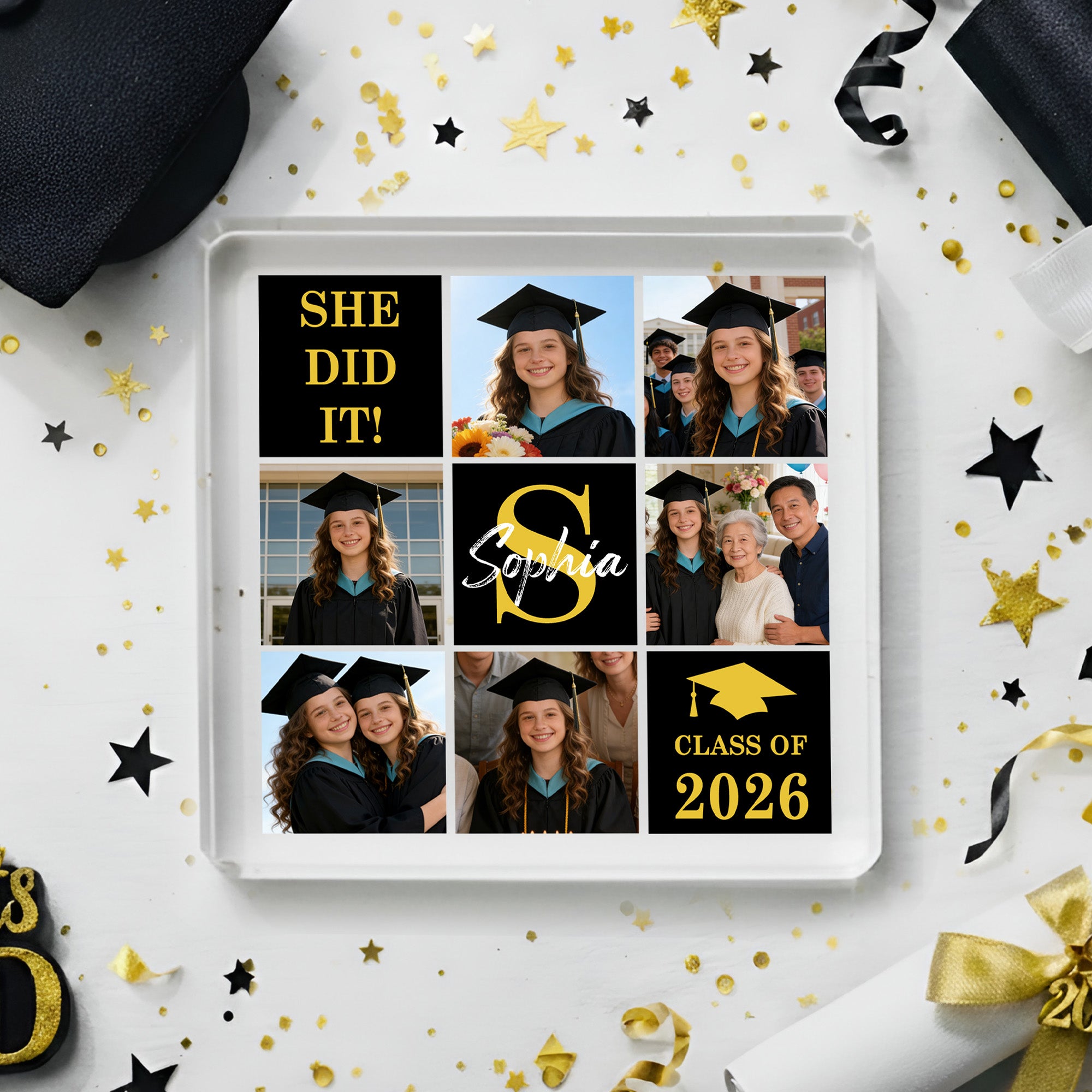 Placa acrílica cuadrada personalizada multicolor de 6 fotos con nombre e inicial Decoración de escritorio Regalo de graduación para un amigo graduado