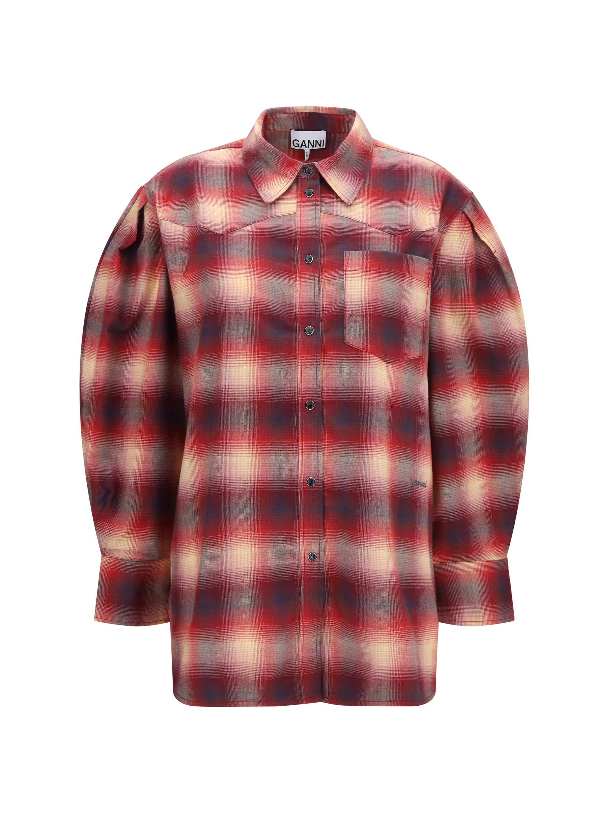 Ganni Cotton Flannel Check Shirt — Red