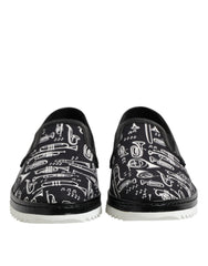Black Slip On Printed Men Loafers Shoes Cotton Leather