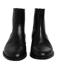 Men's Black Leather Logo Ankle Boots Studded Shoes Calf