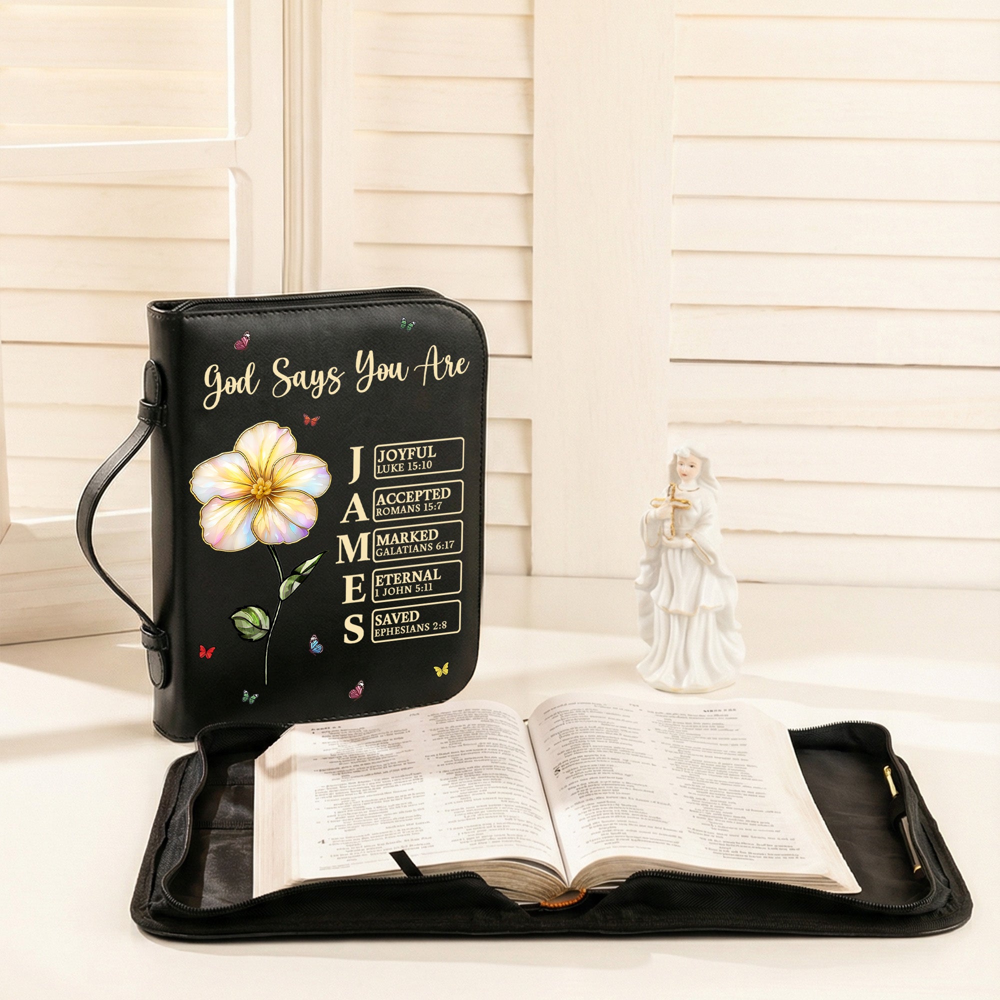 Personalizado Dios dice que soy Nacimiento Flor PU Biblia de cuero cubierta del libro con cremallera y asa de transporte Bautismo Día Religioso Regalo para Cristianos Mujeres