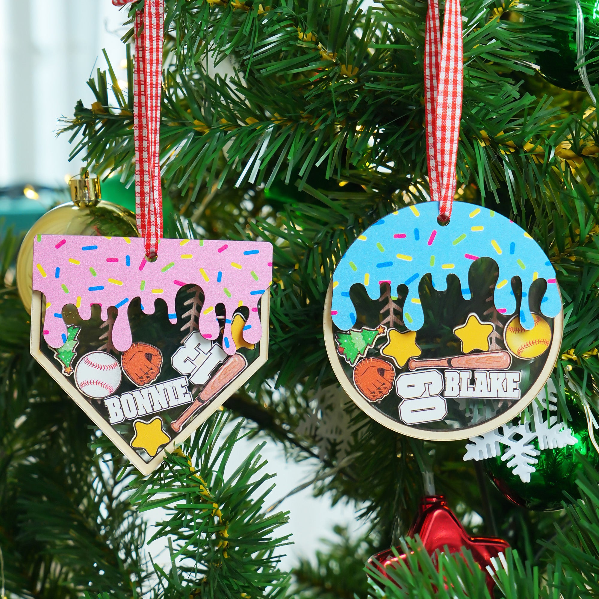 Personalizado helado goteo Softball Béisbol Navidad Shake Ornamento con el nombre Home Tree Decor Regalo de Navidad para el amante del béisbol Softball Player