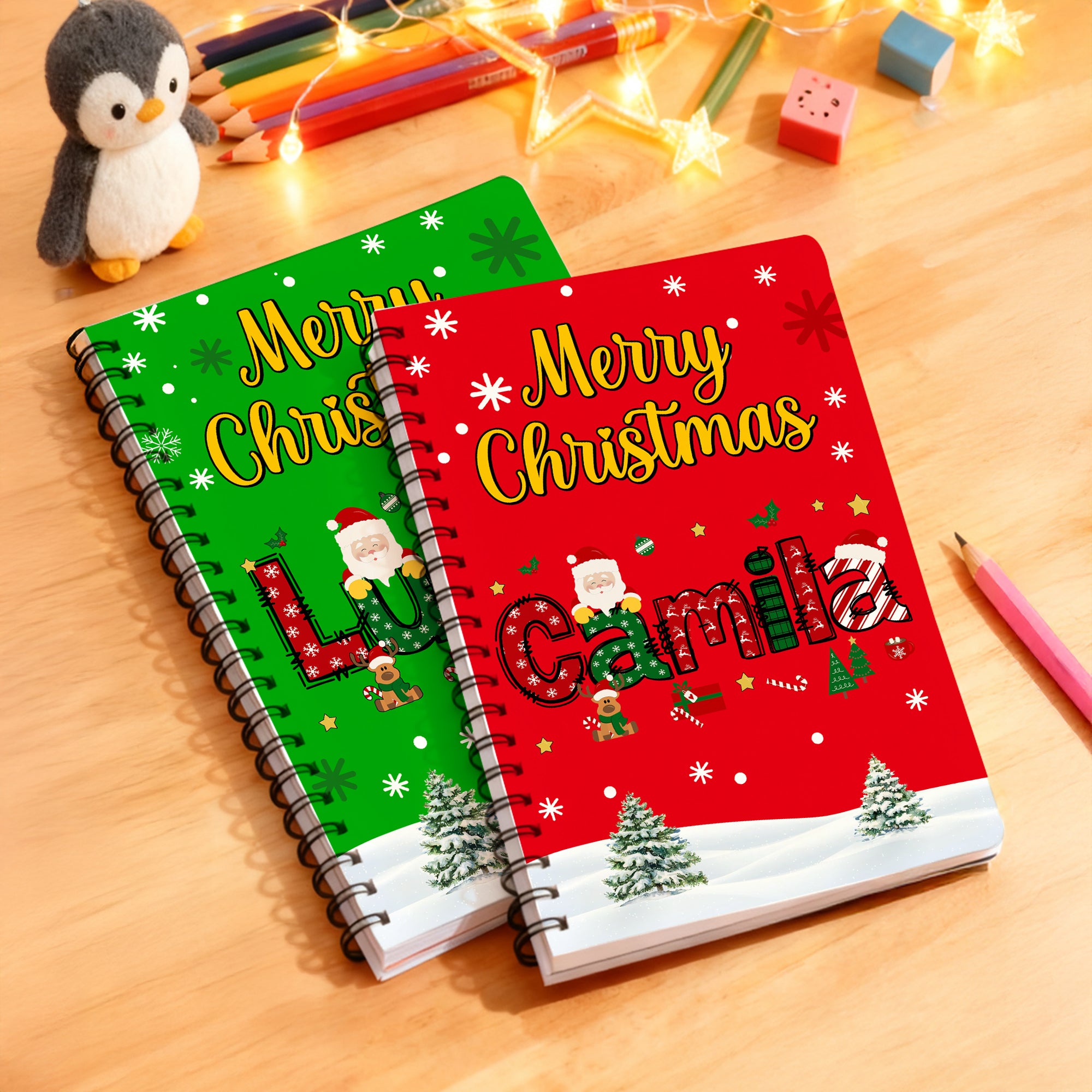 Cuaderno de espiral A5 con nombre y 120 páginas rayadas Árbol de Navidad de Papá Noel personalizado Regalo de Navidad para la familia y los niños