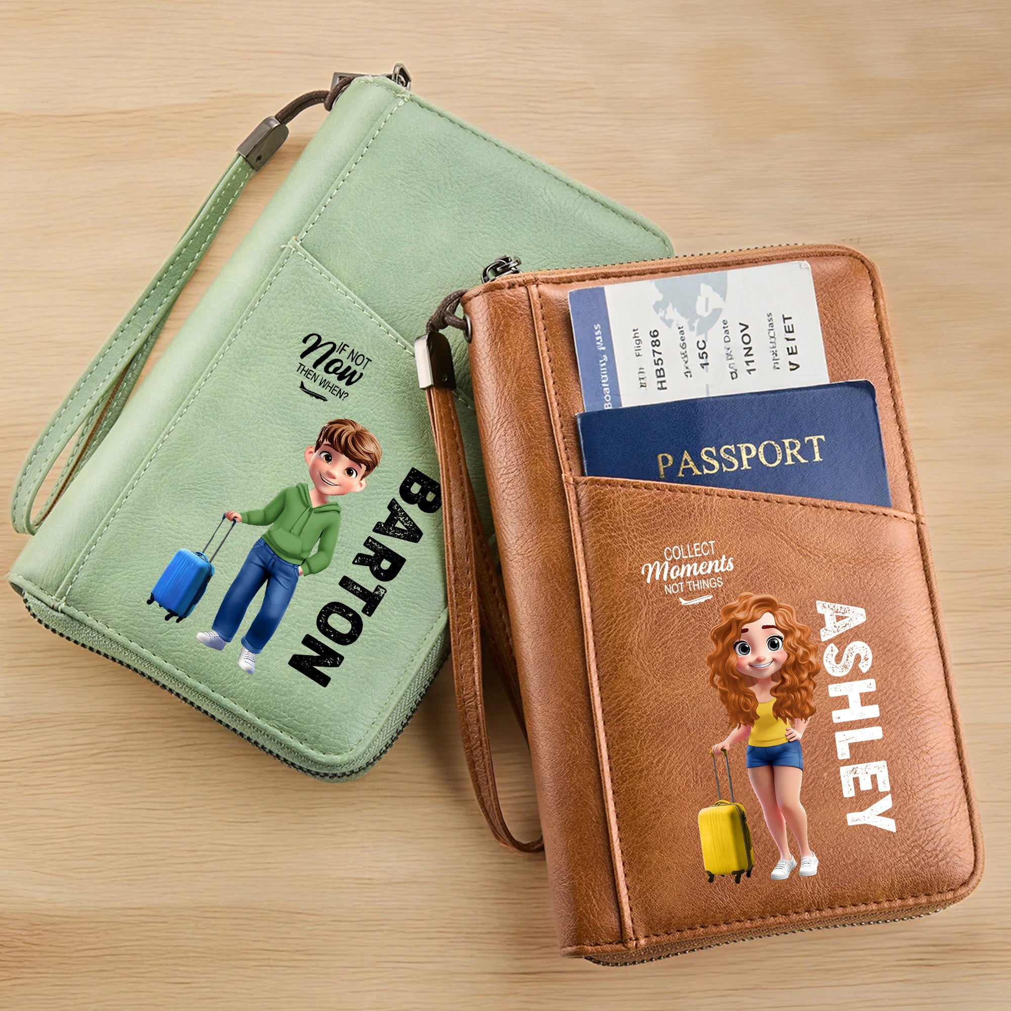 Personalizado 3D de dibujos animados de viajes de caracteres de cuero de la PU Pasaporte titular de la cartera con el nombre y la cita de viaje esencial regalo de cumpleaños para las mujeres los hombr
