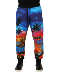 Men's Blue Hawaiian Print Jogger Sweatpants Pants Cotton