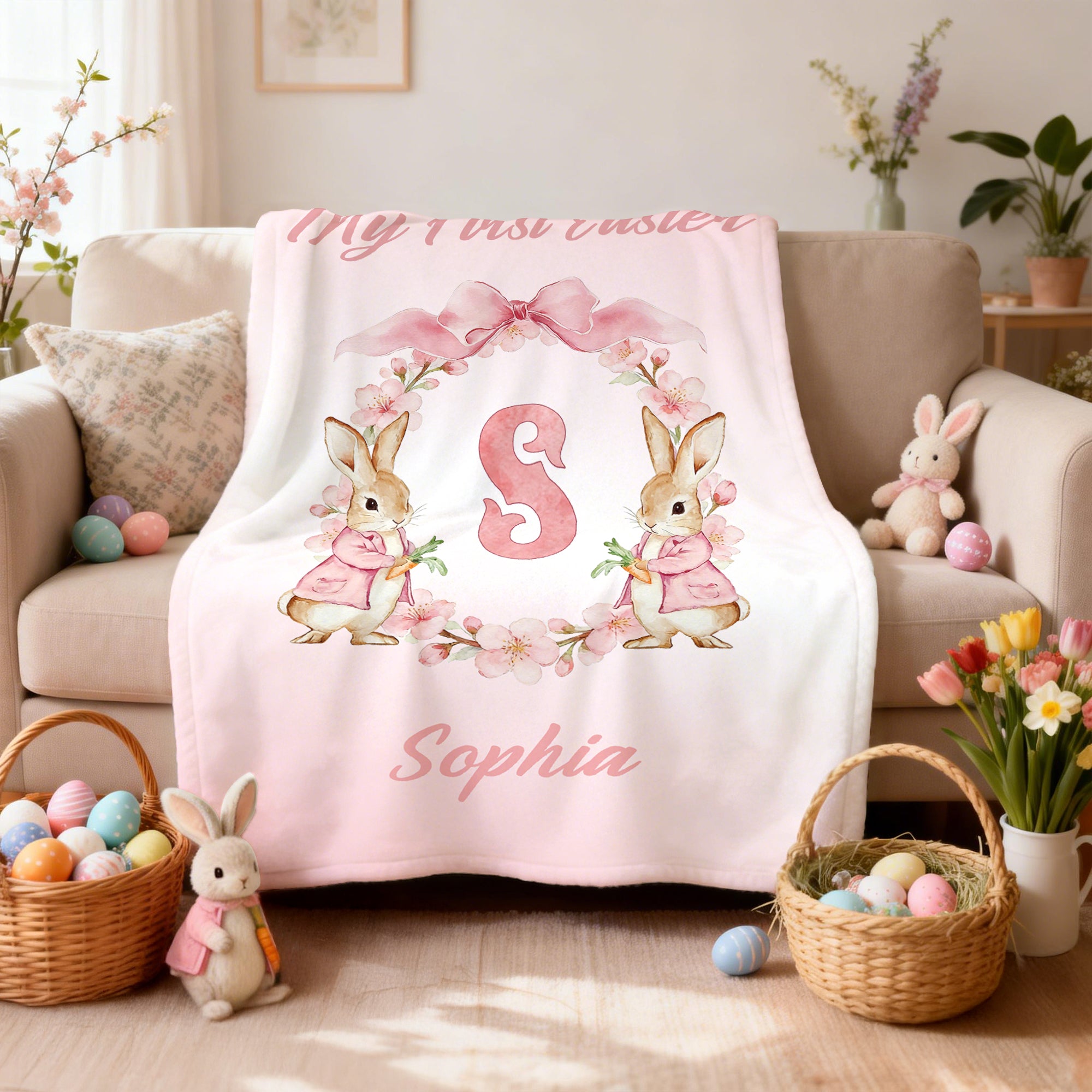Conejito de acuarela personalizado Corona de lazo Manta suave con el nombre del título y la decoración del hogar inicial Pascua Cumpleaños Regalo para los niños