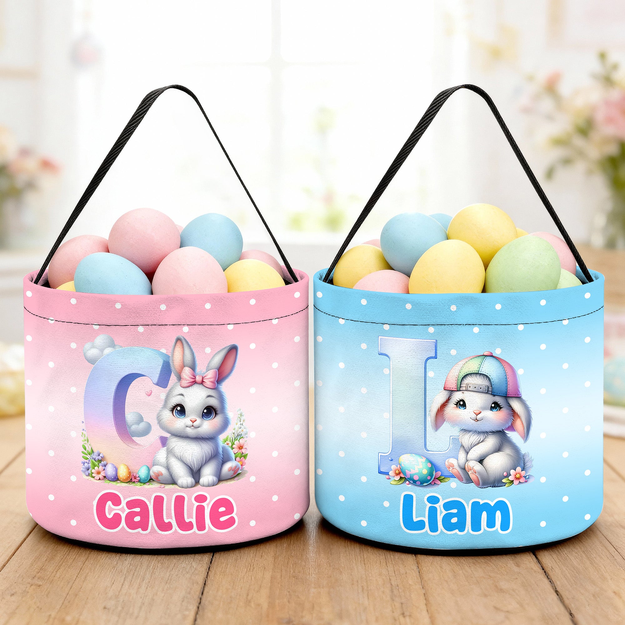Cesta de Pascua de lunares con nombre e inicial de conejo personalizada Regalo de uso diario para la caza del huevo de Pascua para niños y niñas