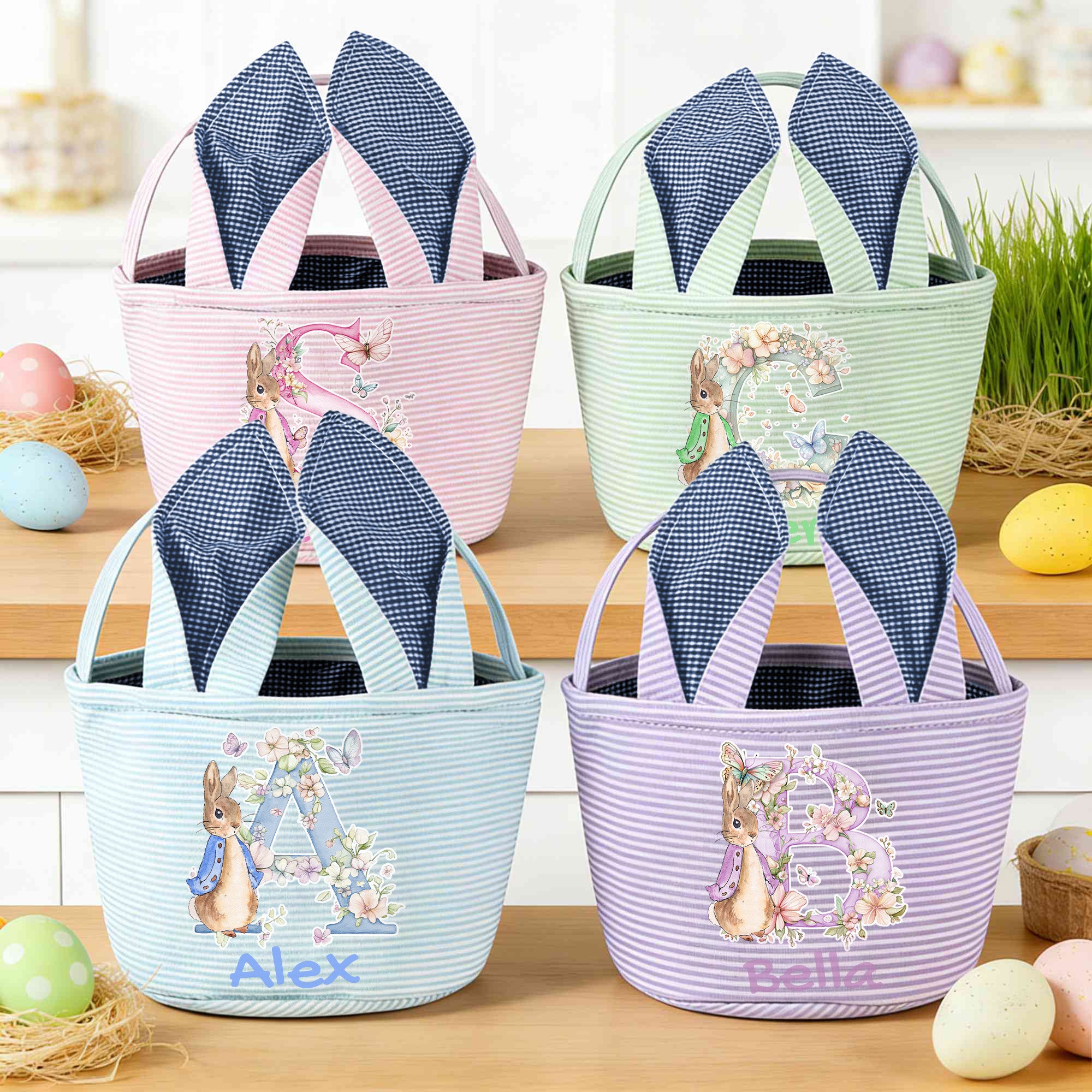 Personalizado lindo Peter Rabbit Flor Mariposa Inicial Conejito Orejas Rayas Cesta de Pascua con Nombre Huevos de Pascua Caza Fiesta Favor Regalo para Niños