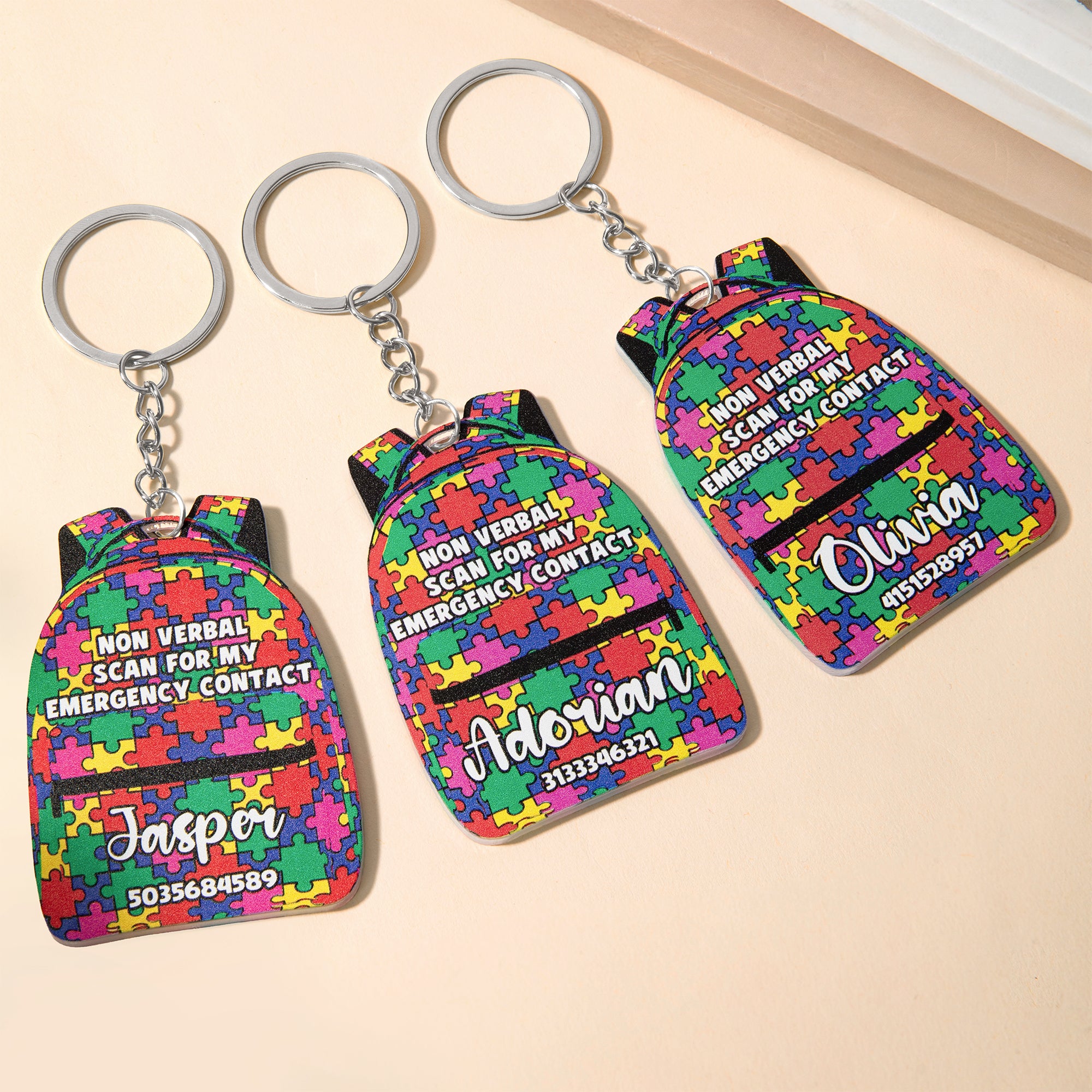 Bolsa escolar de colores personalizada Etiqueta de contacto de emergencia para autismo con nombre y número Regalo diario de vuelta al cole para niños con autismo