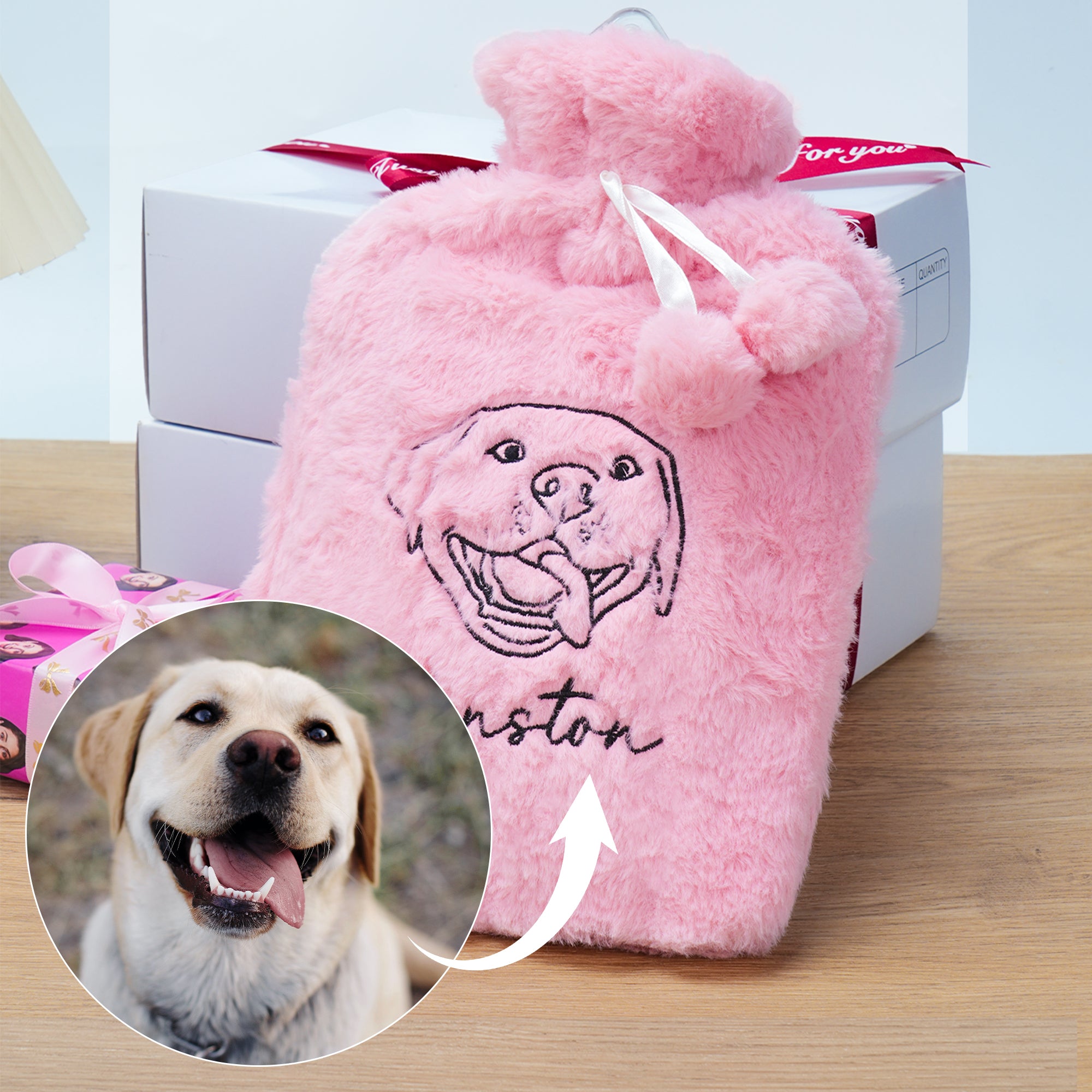 Botella de Agua Caliente Personalizada Bordada con Foto de Mascota con Nombre y Funda Suave Regalo de Navidad de Cumpleaños Esencial de Invierno para Amante de Mascota Amigo de Familia