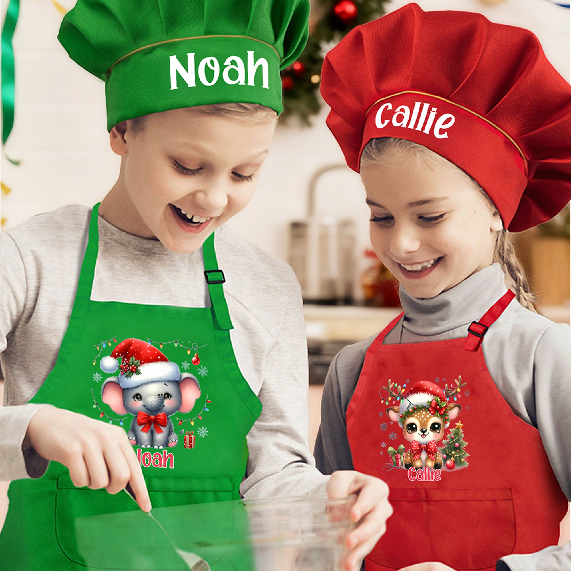 Gorro de Navidad Personalizado de Dibujos Animados de Animales Ajustable para Niños Set de Delantal de Chef con Nombre y Bolsillo para Cocinar Regalo de Navidad para Niños