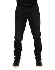 Men's Black Cotton Logo Plaque Skinny Denim Jeans Clothing