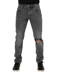 Men's Gray Cotton Logo Plaque Denim Jeans Elastane Clothing